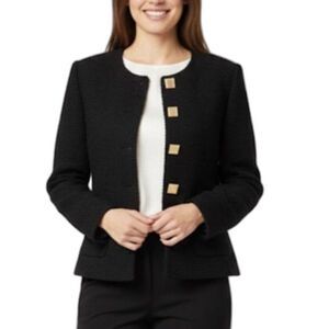 Vintage Bridgewater Black Wool Boucle Gold Buttoned LS Lady Jacket Size 12